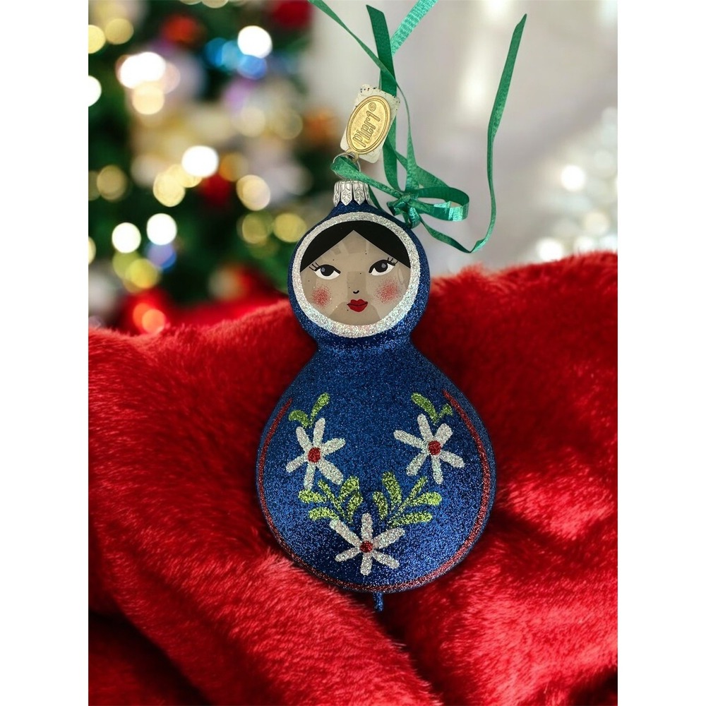 Pier 1 Imports Romania Large Blue Glittered Glass Russian Doll Ornament 6" New